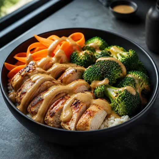 Bowl poulet cacahuète, riz et brocoli, recette du catalogue complet