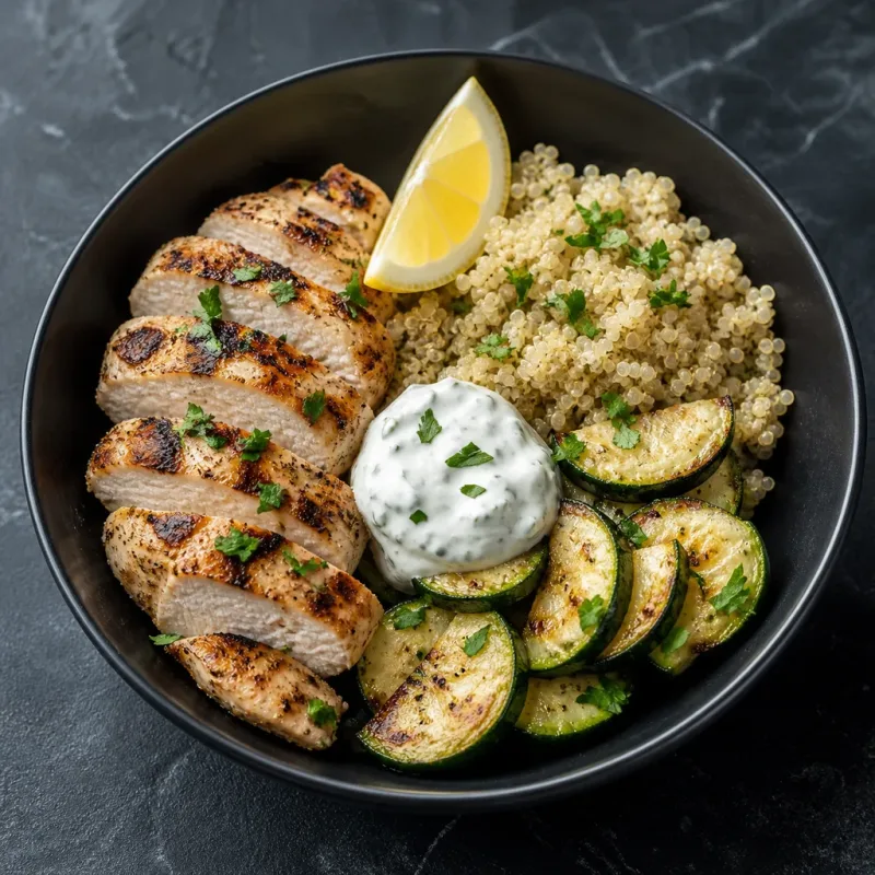 Bowl poulet citron, quinoa et courgettes
