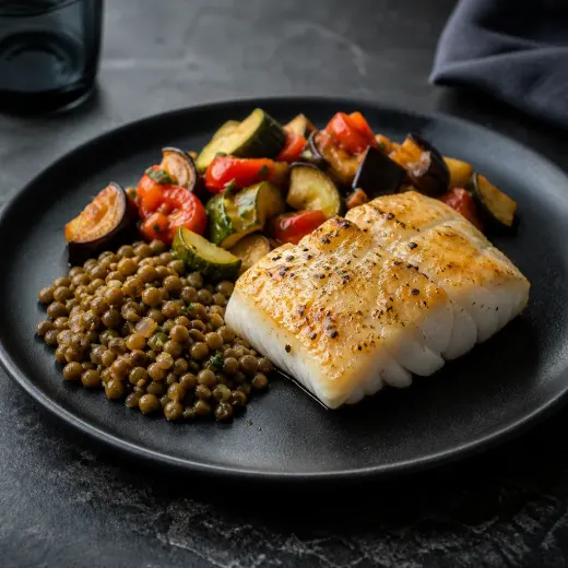 Cabillaud, lentilles et ratatouille express, recette du catalogue complet