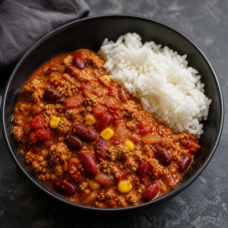 Chili de dinde, haricots rouges et riz
