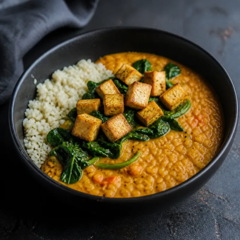 Dahl corail, tofu, épinards et chou-fleur, photo du plat dressé