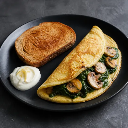 Omelette épinards, champignons et tartine complète, recette du catalogue complet