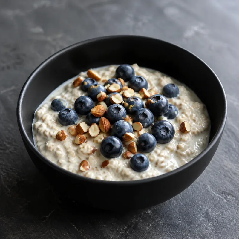 Overnight oats myrtilles et amandes, photo du plat dressé