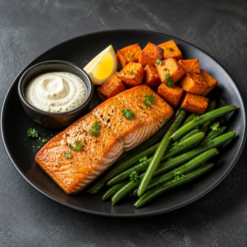 Saumon, patate douce et haricots verts, photo du plat dressé